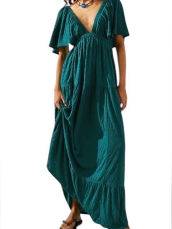 Free People Beach La La Maxi Dress Tiered Flutter Sleeve Teal Blue Green Size S - Picture 7 of 13